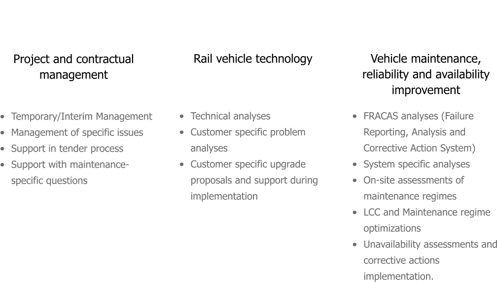 Project and contractual management  Vehicle maintenance, reliability and availability improvement  Rail vehicle technology  •	Temporary/Interim Management •	Management of specific issues •	Support in tender process •	Support with maintenance-specific questions  •	FRACAS analyses (Failure Reporting, Analysis and Corrective Action System) •	System specific analyses •	On-site assessments of maintenance regimes •	LCC and Maintenance regime optimizations  •	Unavailability assessments and corrective actions implementation.  •	Technical analyses •	Customer specific problem analyses •	Customer specific upgrade proposals and support during implementation